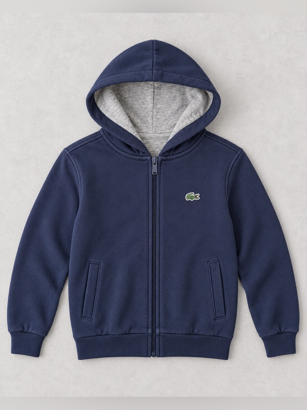 Lacoste Sport Boys Size 8 Navy Full Zip Hoodie Gray Lined Croc Logo
